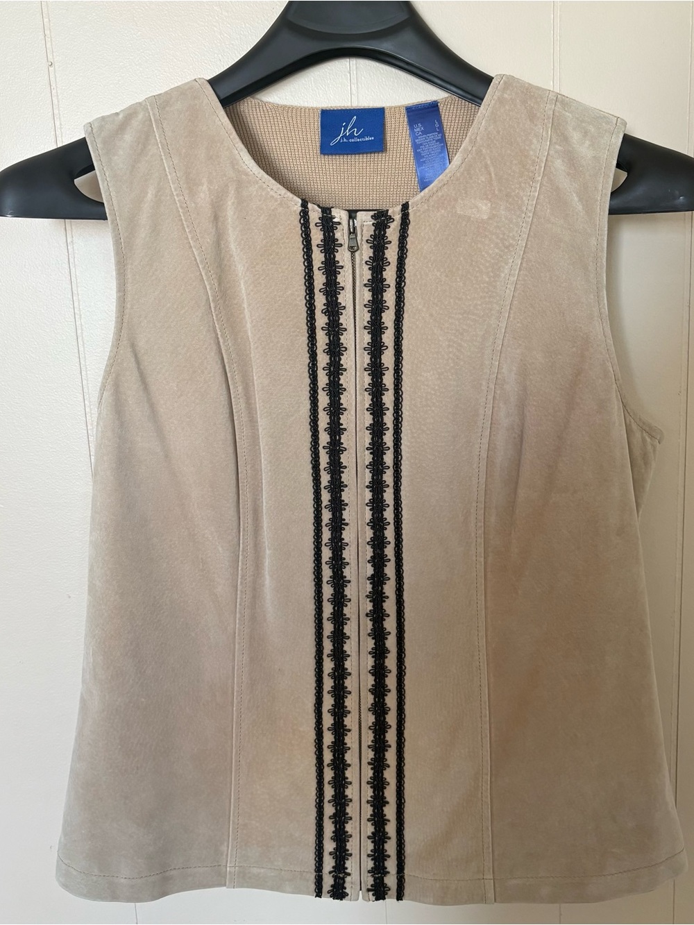 JH Collectibles Beige Suede Sleeveless Vest with Black Trim
